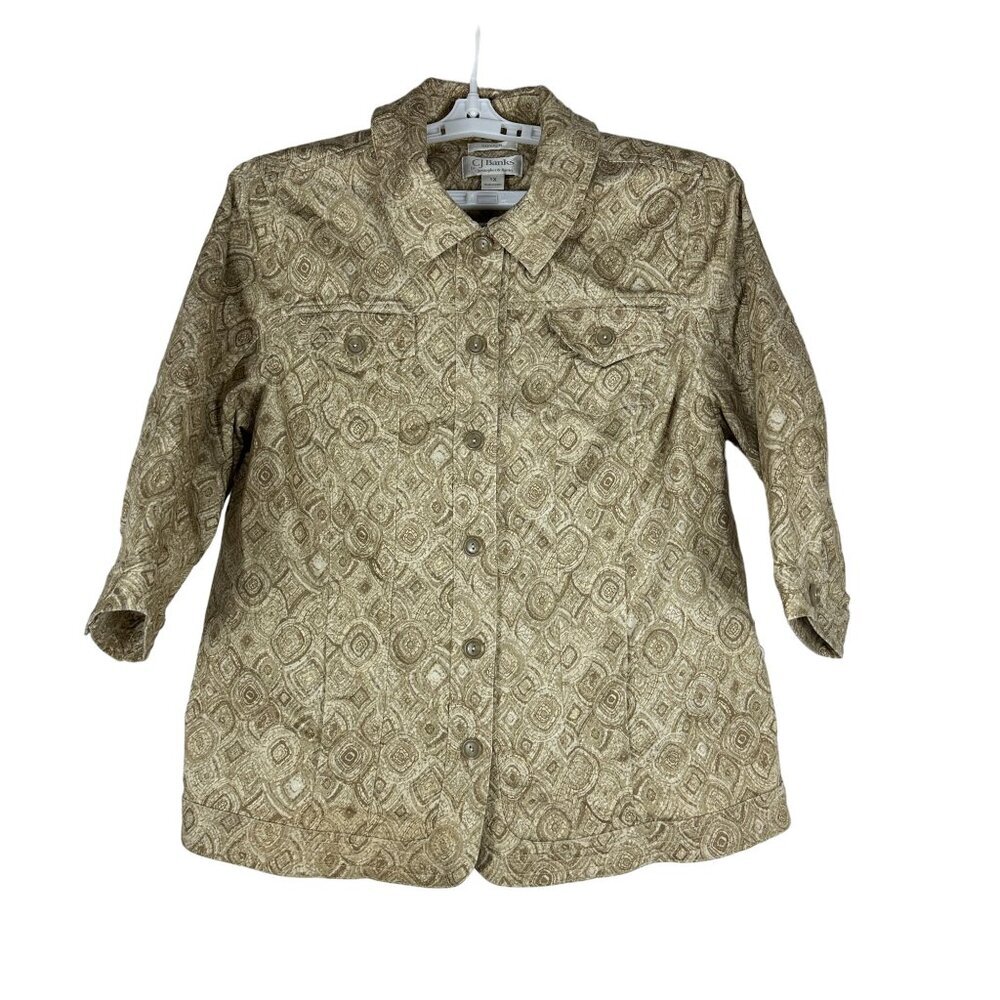 CJ Banks Women's Stretch Button-Up Shirt 1X Cotton/Polyester Beige Pattern
